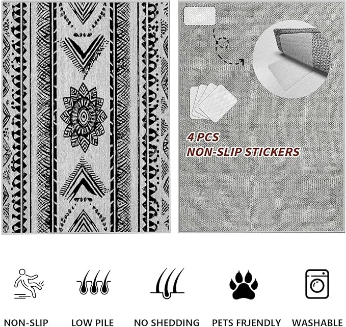 Area Rugs Moroccan for Living Room 4x5, Washable Non-Slip Boho Rug, Neutral Farmhouse Soft Carpet for Bedroom, Kitchen, Dining Room, Entryway, Geometric Print Tribal Carpets, Black and White
