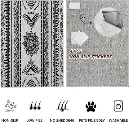 Area Rugs Moroccan for Living Room 7x9, Washable Non-Slip Boho Rug, Neutral Farmhouse Soft Carpet for Bedroom, Kitchen, Dining Room, Entryway, Geometric Print Tribal Carpets, Black and White