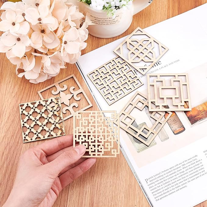 GORGECRAFT 14PCS 7 Sets Wooden Carved Onlay Appliques Carving Decal Corner Craft Unpainted Furniture Home Window Decoration Wood Carving Decal for Dresser Bed Door Cabinet Wardrobe Ceiling 2.5"x2.5"