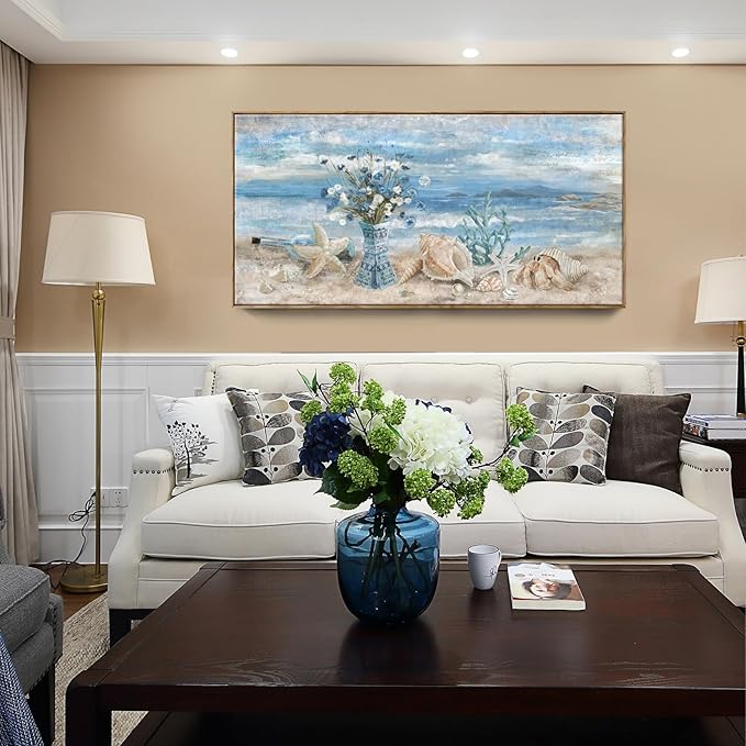 Large Canvas Framed Wall Art for Bedroom Blue Ocean Theme Seaside Home Decor Flower in Indian Vase Beach Picture Coastal Landscape Abstract Seascape Artwork Sea View Painting Print 60" W x 30" H