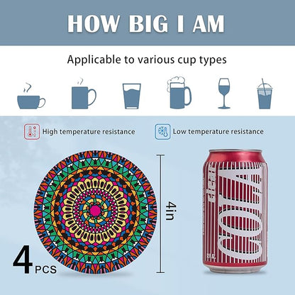 Coasters for Drinks,Set of 4 Absorbent Coasters, Colored Mandala Floral Ceramic Coasters with Cork Base,Cup Coaster for Coffee Table Protection,Gifts for Housewarming Birthday Home Decor