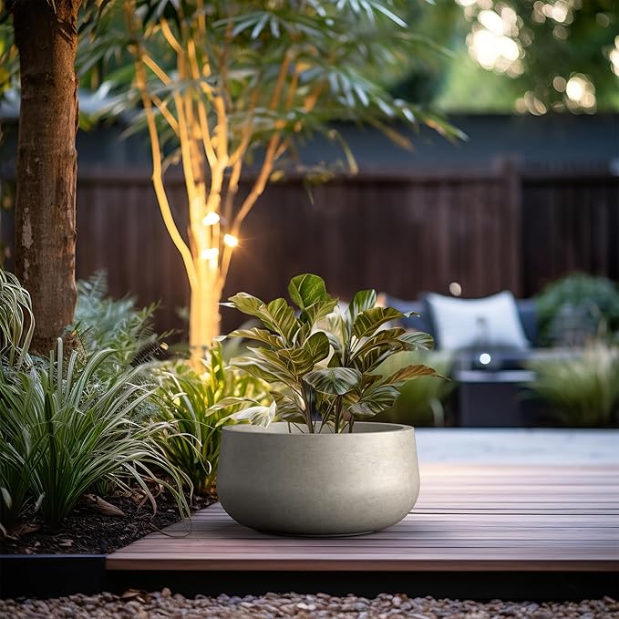Kante 19.6" Dia Round Concrete Planter, Cement Plant Pots with Drainage Hole and Rubber Plug for Outdoor Indoor Garden Home, Modern Curvaceous Design, Weathered Concrete