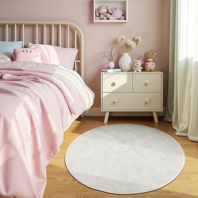 jinchan Solid Plush Round Rug 4ft Performance Shaggy Circle Rug 4' Round Washable Indoor Soft Modern Faux Wool Non Slip Carpet for Living Room Kids Room Bedroom Dining Room Ivory