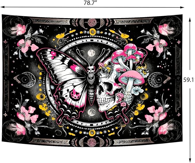 Delur Skeleton Butterfly Tapestry Pink Goth Skull Hippie Mushroom Plants Floral Boho Tapestry Fantasy Abstract Moon Phase Flower Wall Hanging Headboard for Bedroom Living Room Home Decor (59.1" x 78.7")