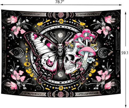 Delur Skeleton Butterfly Tapestry Pink Goth Skull Hippie Mushroom Plants Floral Boho Tapestry Fantasy Abstract Moon Phase Flower Wall Hanging Headboard for Bedroom Living Room Home Decor (59.1" x 78.7")