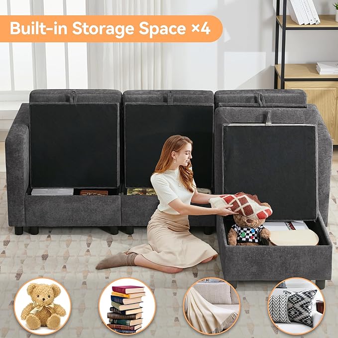 83”Modular Convertible L Shaped Couch Set for Living Room, Modern 4 Seat Storage Modular Couch with Movable Ottoman, Chenille(Dark Grey)