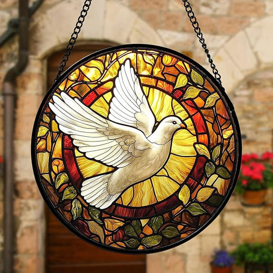 DASTOLL Stained Glass Window Hanging, Flying White Dove Sun Catchers Diamond Glass Panel Hangings Cute Birds Suncatcher Decor for Birthday for Women, Men, Wife, Aunt, and Mom 11.8 in