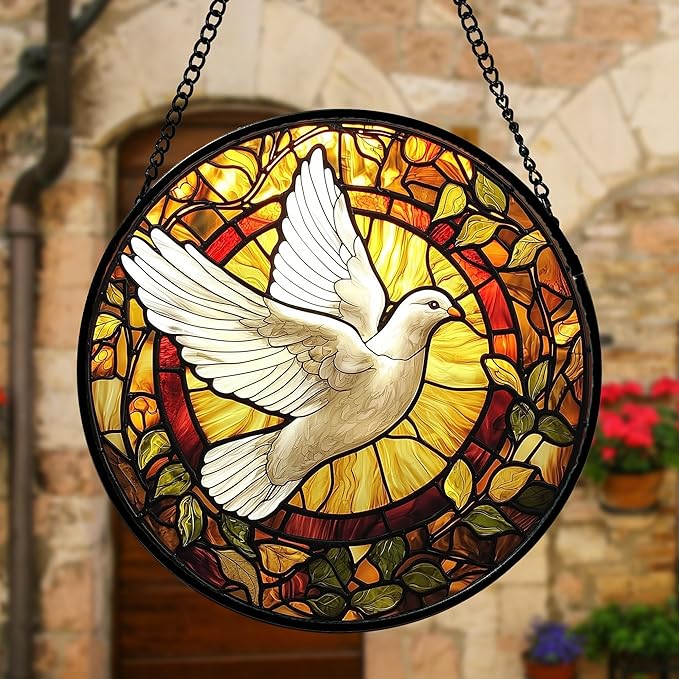 DASTOLL Stained Glass Window Hanging, Flying White Dove Sun Catchers Diamond Glass Panel Hangings Cute Birds Suncatcher Decor for Birthday for Women, Men, Wife, Aunt, and Mom 6.3 in