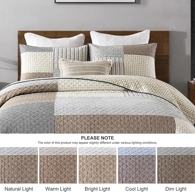 Quilts Queen Size - Queen Quilt Bedspread, 100% Cotton Patchwork Quilt Bedding Set for Queen Bed, 3 Pieces Plaid Farmhouse Reversible Rustic Lightweight Comforter Spread, Brown/Beige/Gray