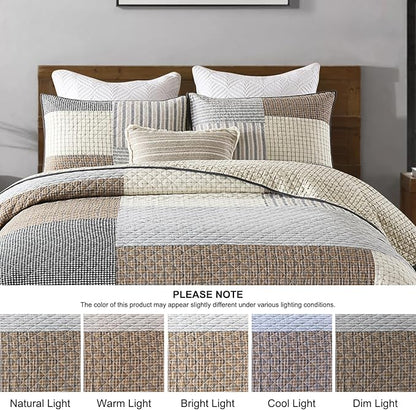 Quilts Queen Size - Queen Quilt Bedspread, 100% Cotton Patchwork Quilt Bedding Set for Queen Bed, 3 Pieces Plaid Farmhouse Reversible Rustic Lightweight Comforter Spread, Brown/Beige/Gray