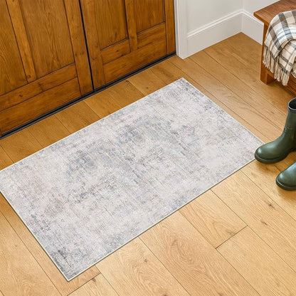 Light Blue 2x4 Runner Rug for Entryway Indoor, Kitchen Floor Waterproof, Bathroom, Powder Room, Washable Non Slip Low Pile Stain & Fade Resistant, Modern Eclectic Dusty Blue Décor