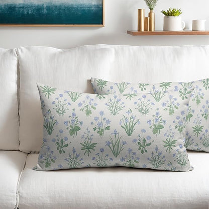 Sage Green Blue Block Print Pillow Covers 12x20 Set of 2 Decorations Vintage Floral Throw Pillow Covers Decor Cozy Soft Rustic Pillowcases Farmhouse Flower Printed for Sofa Bed Home Decorative