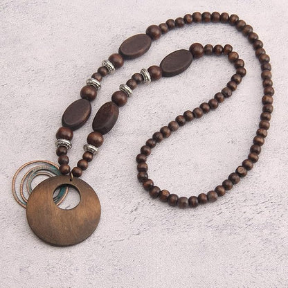 Leather Necklace for Women Boho Choker Necklace Long Cord Leather Pendant Bohemian Neckalce Vintage Alloy Pendant Leather Rope Necklace Wooden Necklaces for Women