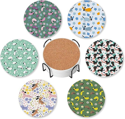 Cute Dog Drink Coasters for Drinks Set of 6,Dachshund Dog Floral Absorbent Round Ceramic Stone Mat Coaster,with Cork Base and Metal Holder, Home Bar Decor House Warming Gift