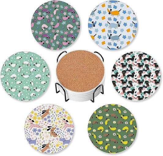 Cute Dog Drink Coasters for Drinks Set of 6,Dachshund Dog Floral Absorbent Round Ceramic Stone Mat Coaster,with Cork Base and Metal Holder, Home Bar Decor House Warming Gift