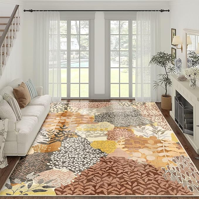 DEXDE 8x10 Area Rug, Fall Soft Washable Abstract Area Rugs Non-Slip Vintage Boho Rug Leaves Floral Print Carpet for Living Room, Bedroom, Entryway, Office,Dining Room, Kids Playroom, Camel