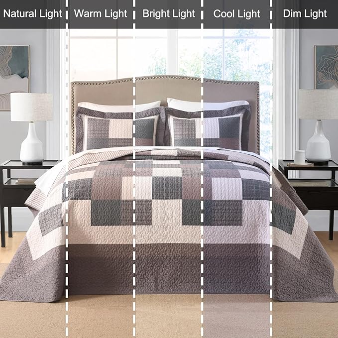EWlinens 100% Cotton 120"x102" Oversized Queen Bedspread - Farmhouse Extra Large Quilts Queen Size, All Season Patchwork Plaid Rustic Striped Quilt Bedding Set, 3pcs, Chocolate Malt/Brown/Black/Beige