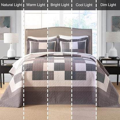 EWlinens 100% Cotton 120"x102" Oversized Queen Bedspread - Farmhouse Extra Large Quilts Queen Size, All Season Patchwork Plaid Rustic Striped Quilt Bedding Set, 3pcs, Chocolate Malt/Brown/Black/Beige