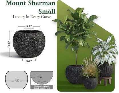 DTY Signature Mount Sherman Modern Indoor Outdoor Fiberstone Sphere Planter, Durable Round Garden Pot, Weather Resistant, Drainage Hole & Rubber Plug (Ribbed Black, Small)
