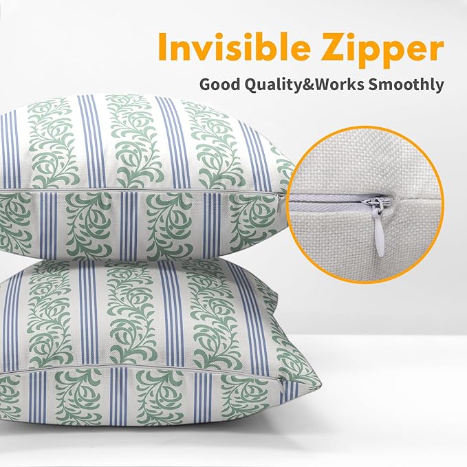 Blue Green Floral Pillow Covers 22x22 Set of 2 Spring Vitage Flower Striped Pattern Rustic Decorative Outdoor Farmhouse Zipper Boho Pillowcases Decorations Throw Cushion Cover Decor for Couch Sofa Bed