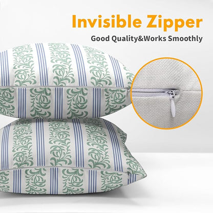 Blue Green Floral Pillow Covers 18x18 Set of 2 Spring Vitage Flower Striped Pattern Rustic Decorative Outdoor Farmhouse Zipper Boho Pillowcases Decorations Throw Cushion Cover Decor for Couch Sofa Bed