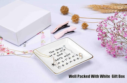 Unique Masters Degree Gift for Grad Student-MBA Graduation Gifts for Best Friend Daughter Cousin Sister-The One Where She Gets Her Master's Degree-Ceramic Jewelry Holder Ring Dish Trinket Tray
