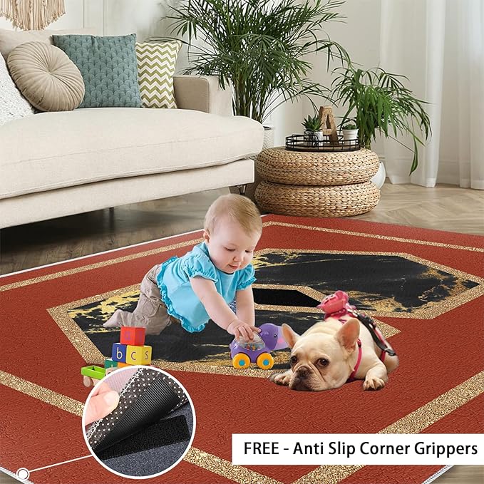 Abstract Marble Area Rugs Golden Hexagon Geometric Rug Vintage Red Marble Carpet European Medieval Geometry Carpet Mat for Bedroom Living Room 8x10ft