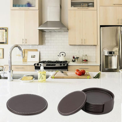 Leather Coasters for Drinks(6 Pack), Handmade Durable Drink Coasters Set with Holder for Tabletop Protection, Luxurious Home Décor and Housewarming Gift (Brown)