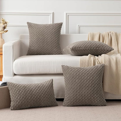 Kevin Textile Pack of 2 Corduroy Decorative Throw Pillow Covers 18x18 Inch Soft Boho Striped Pillow Covers Modern Farmhouse Home Decor for Spring Sofa Living Room Couch Bed Light Brown
