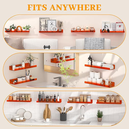 4 Pack Floating Shelves –15'' Orange Acrylic/PET Wall-Mounted No Drill Storage with Adhesive, Bathroom & Bedroom Shelving for Kitchen, Living Room, Home Decor