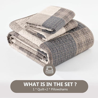 100% Cotton Quilt Set King Size - Reversible Quilted Comforter, Patchwork Plaid King Quilt Bedspread, Modern Farmhouse Lightweight Bedding for King Bed, 3pcs, Charcoal/Beige/Brown
