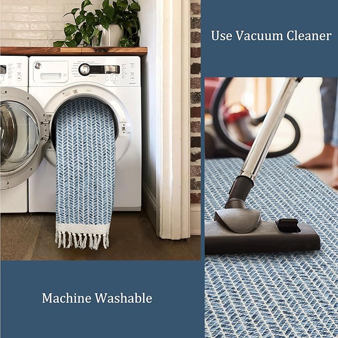 Lahome Boho Kitchen Runner Rugs, 2x6 Laundry Room Rug Lightweight Bathroom Runner Woven Cotton Throw Mat with Tassels, Farmhouse Washable Blue Rug Low Pile Runners for Hallways Entry