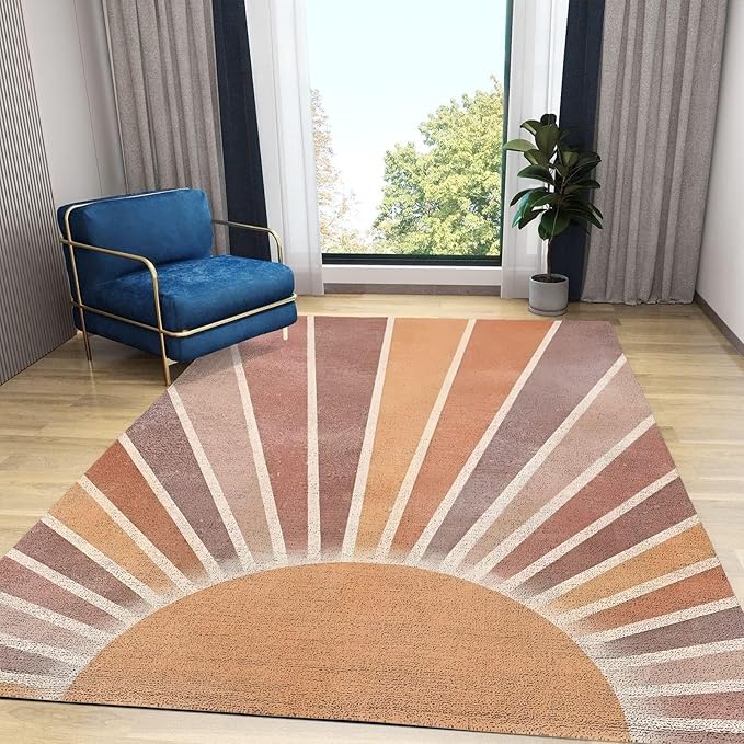 Abstract Medieval Art Sun Rays Area Rug, Retro Geometric Boho Large Rug, Indoor Non-Slip Kids Rugs, Machine Washable Breathable Durable Carpet for Front Entrance Floor Decor,6 x 8ft