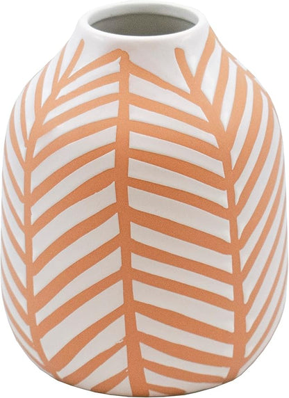 Stephanie Imports Boho Brown Terracotta Vase with Hand-Painted Matte White Design (Leaf Pattern)