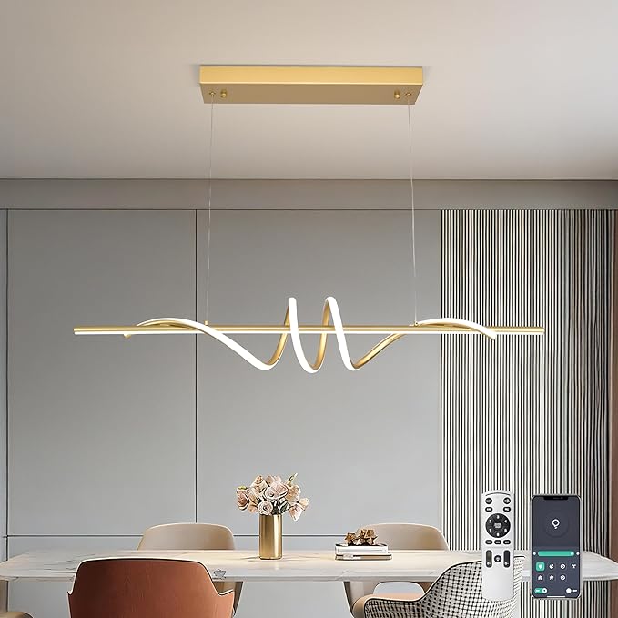 Modern LED Pendant Light, 39.37in Gold Chandelier Dimmable,3000K-6000K Adjustable Color Temperature, Aluminum Modern Kitchen Light Fixture for Dining Room