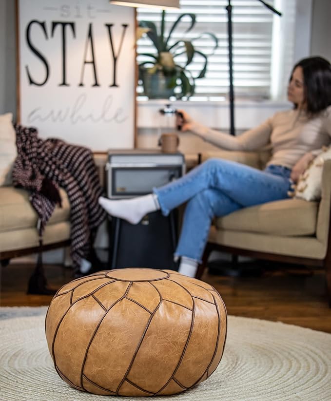 Moderner Faux Leather Pouf Unstuffed Ottoman Moroccan Footstool, Floor Footrest Cushion, Storage Solution - Natural Brown Color (Camel, Round)