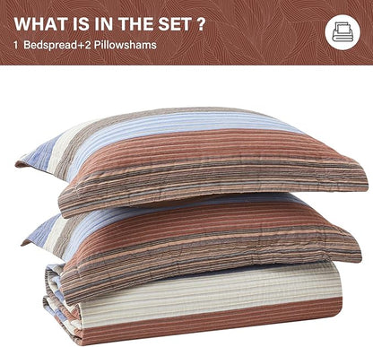 SahSahCasa 100% Cotton 128"x120" Oversized California King Bedspread Coverlet Quilt Set, Cal King Quilted Striped Bedspread Extra Large Reversible XL Bed Spread Lightweight Comforter, Brown