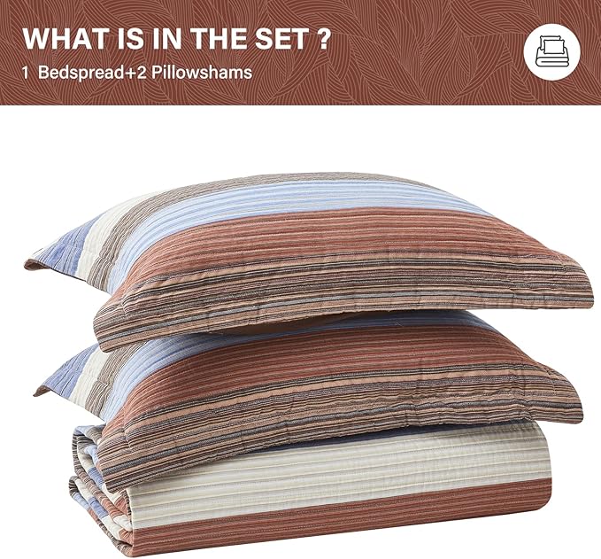 SahSahCasa 100% Cotton 120"x102" Oversized Bedspread Coverlet Quilt Set, Oversized Quilted Striped Bedspread Reversible Extra Large Quilt, XL Bed Spread Lightweight Comforter, 3pc, Brown/Multicolor
