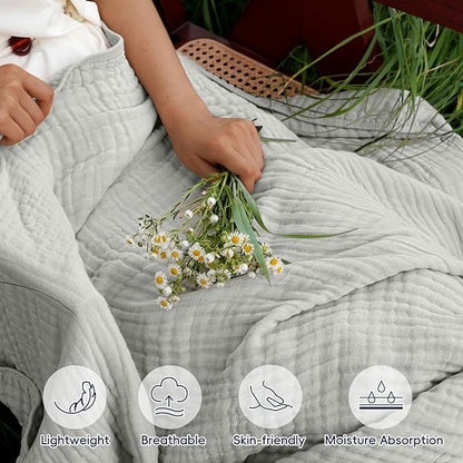 PHF Cooling Muslin Blanket Twin Size 60"x80", 6-Layer Lightweight Gauze Blanket Made from 35% Rayon Derived from Bamboo & 65% Cotton, Breathable & Ultra Soft Cozy for Hot Sleepers, Harbor Mist