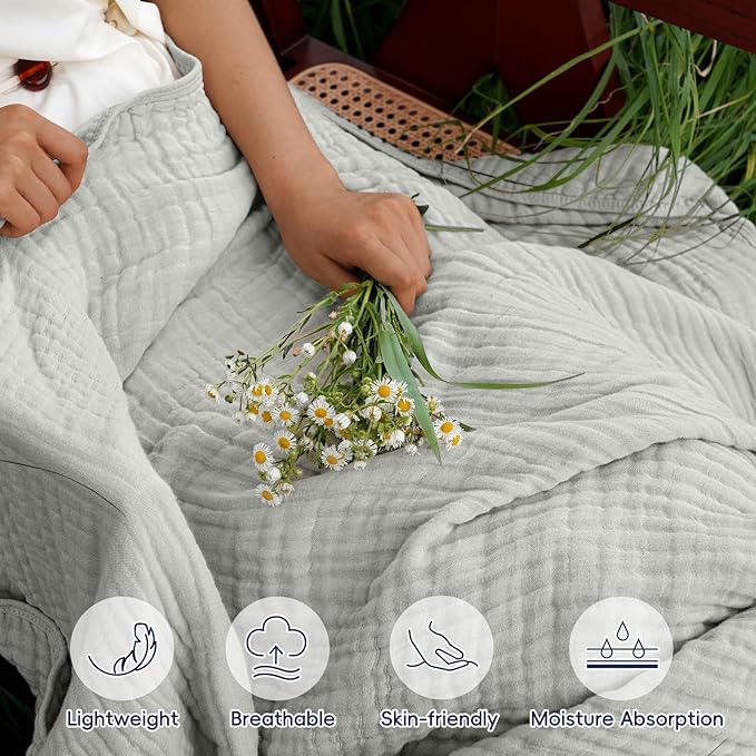 PHF Cooling Muslin Blanket King Size 104"x80", 6-Layer Lightweight Gauze Blanket Made from 35% Rayon Derived from Bamboo & 65% Cotton, Breathable & Ultra Soft Cozy for Hot Sleepers, Harbor Mist