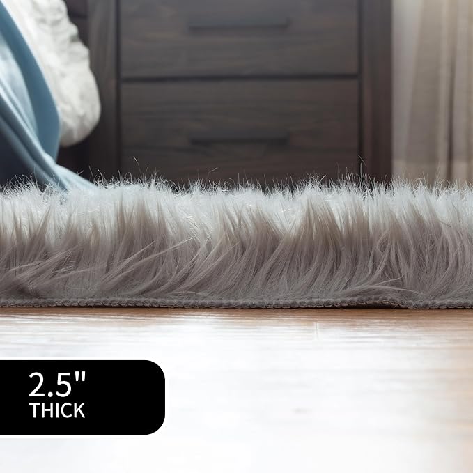 2 x 4 ft Fluffy Gray Faux Sheepskin Rug – Luxurious Faux Fur Rug for Bedroom, Living Room, or Nursery – Soft and Cozy Decor Accent