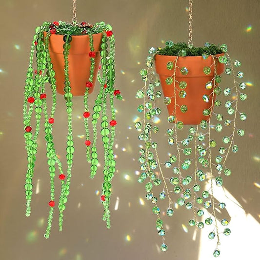 Suncalla 2 Pcs Beaded Plant Gifts for Plant Lovers Beaded Succulent Plants Sun Catcher Glass Leaf Beads Suncatcher for Window Hanging with Chain Bead Plants Crystal Sun Catchers Home (Novel Style)