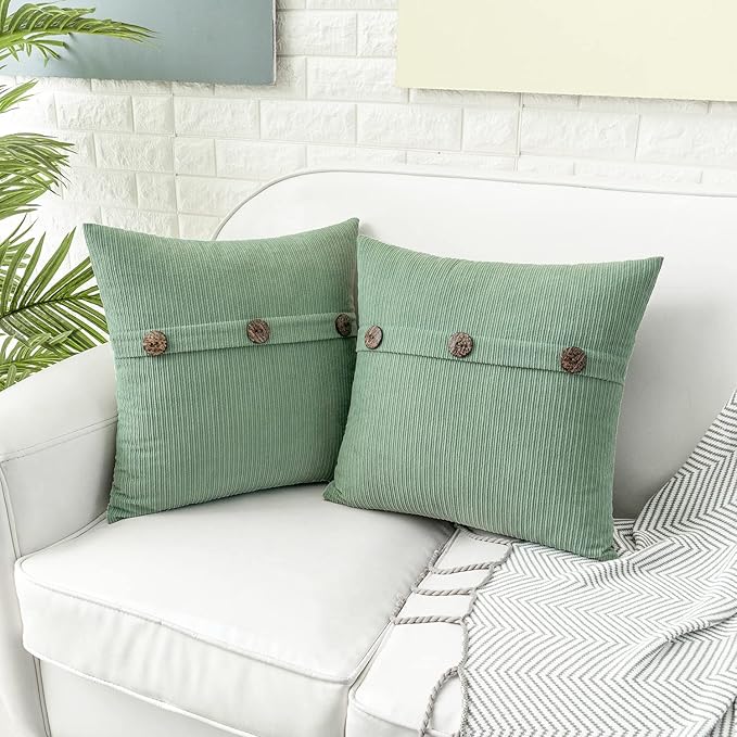 HWY 50 Sage Green Chenille Throw Pillow Covers 18x18 Inch with Triple Buttons, Soft Spring Farmhouse Accent Decorative Cushion Cases for Couch Sofa Bed Living Room Bedroom Pack of 2