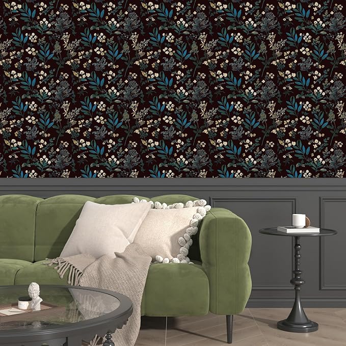 Vintage Wallpaper Peel and Stick Dark Green Floral Wallpaper 17.5'' x 118'' Green Leaf Contact Paper Vinyl Waterproof Self Adhesive Boho Botanical Wall Paper for Bedroom Cabinet Décor