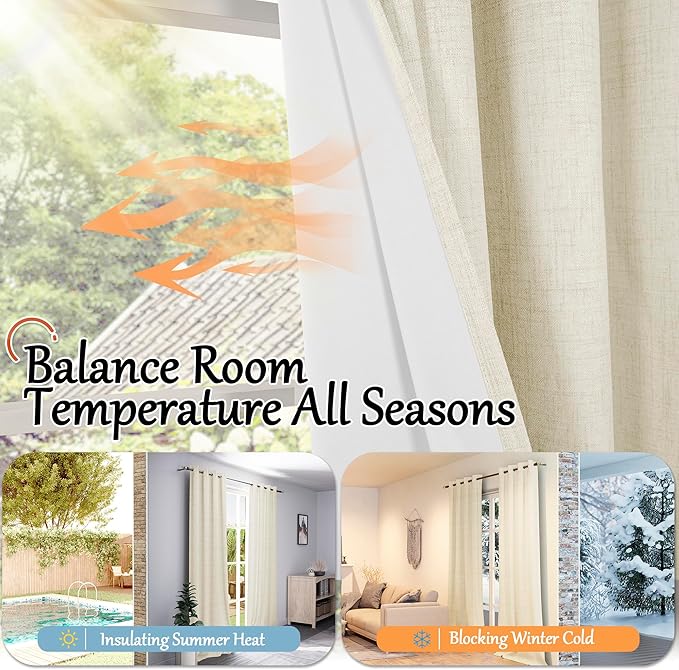 Lajode Cream 100% Blackout Curtains for Living Room 84 Inch Length 2 Panels Set, Thermal Insulated Light Blocking Faux Linen Curtains for Bedroom, Bronze Grommet Boho Window Drape Each 52" Wide