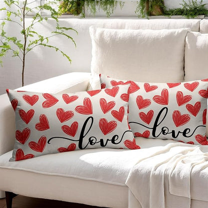 Valentines Day Pillow Covers 12x20 Set of 2 Red Heart Throw Pillow Covers Love Pillowcase Linen Decoration Farmhouse Holiday Cozy Soft Cushion Case Couch for Indoor Outdoor Home Decor