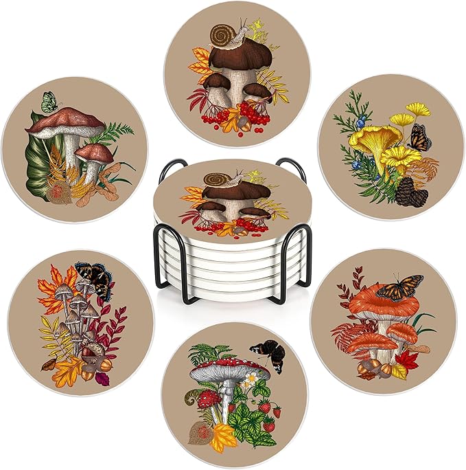 Drink Coasters Set of 6,Mushroom Coffee Cup Mat with Storage Holder, Durable Ceramic Coaster Set for Hot & Cold Beverages