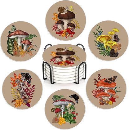 Drink Coasters Set of 6,Mushroom Coffee Cup Mat with Storage Holder, Durable Ceramic Coaster Set for Hot & Cold Beverages