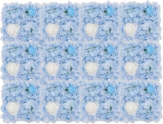 12Pcs Artificial Flower Wall Panel 3D Floral Backdrop Walls15 X 15" Flower Wall Decor Panel Flower Backdrop for Party Home Background Decor, Blue & White