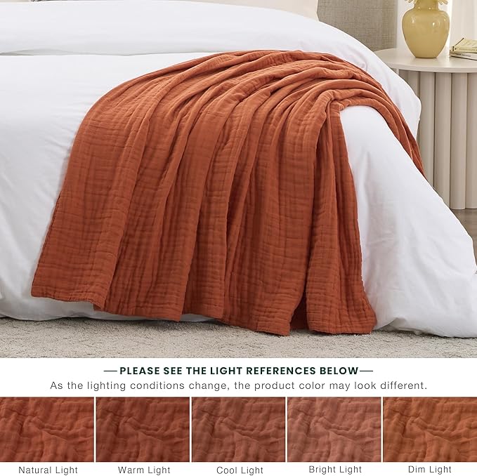 Love's cabin 6 Layer 100% Cotton Muslin Blanket, 60"x80" Twin Muslin Blanket for Couch Bed, Lightweight and Breathable Cotton Gauze for Adult, Orange